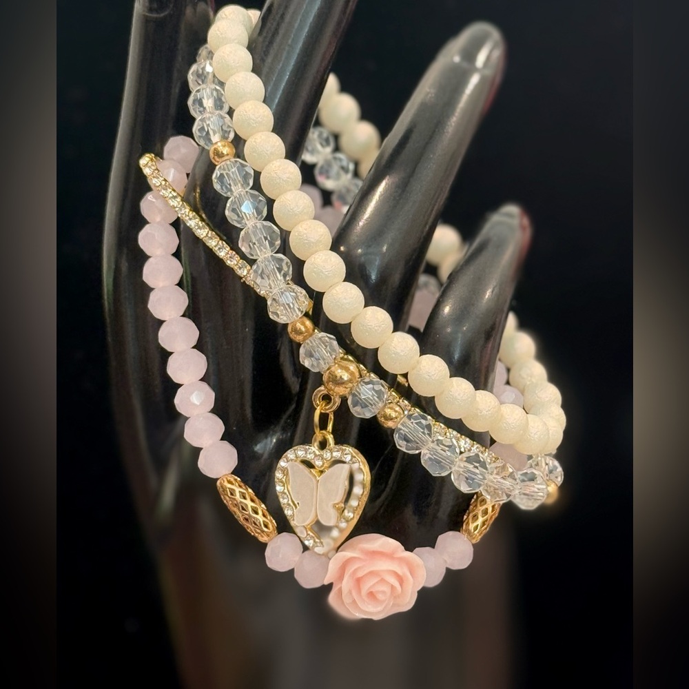 Elegant Gold and Pink Beaded Bracelet Set (4)